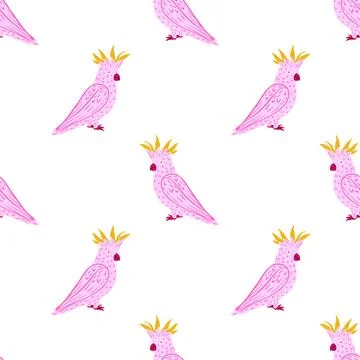 Isolated seamless pattern with simple pink parrot cockatoo shapes. White back Stock Illustration