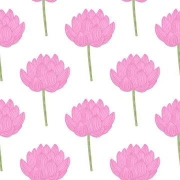 Isolated seamless pattern with simple pink lotus flower silhouettes print. Wh イラスト素材