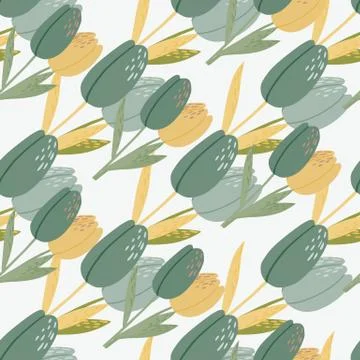 Isolated seamless pattern with tulip flowers silhouettes. Pale blue and yello Stock Illustration