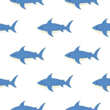 Isolated seamless pattern with underwater shark ornament. Blue fishes on whit Stock Illustration