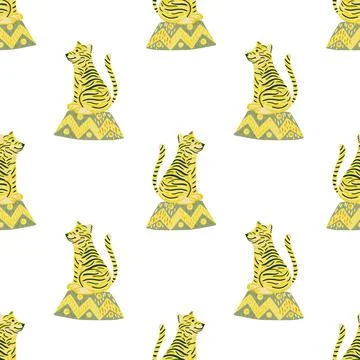 Isolated seamless pattern with yellow cartoon tiger silhouettes. White backgr Stock Illustration