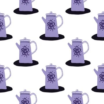 Isolated seamless purple teapots pattern. Doodle kitchen ornament on white ba Stock Illustration