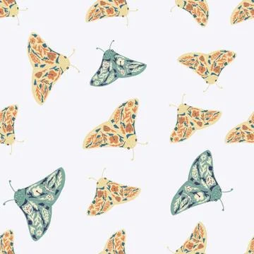 Isolated seamless random pattern with butterfly ornament. Moles folk silhouet Stock Illustration