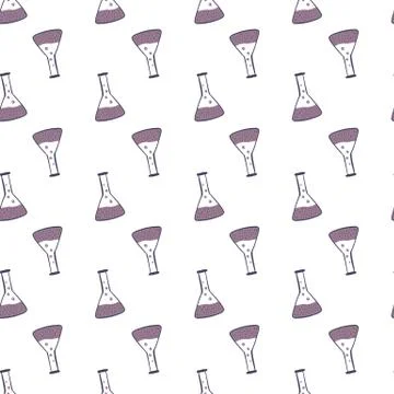 Isolated seamless science pattern with purple glass bulb ornament. White back Stock Illustration