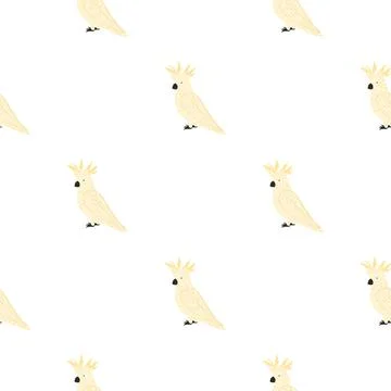 Isolated seamless tropic pattern with light pink parrot cockatoo shapes. Whit 스톡 일러스트