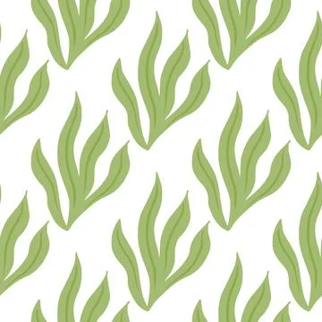 Isolated seaweeds greenseamless doodle pattern in doodle style. White backgro Stockillustratie