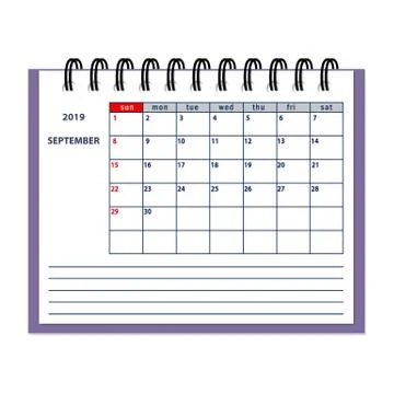 Isolated September page 2019 planner calendar Stock Illustration