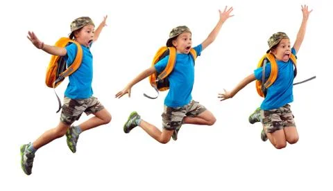 Isolated sequence of child jumping, running to school Stock Photos