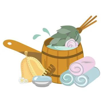 An isolated set of accessories for bath and sauna, spa treatments. Hygiene pr Stock Illustration