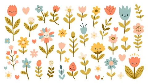 Isolated set with cute spring flowers and leaves in flat style. Kids design, for Illustrazione stock