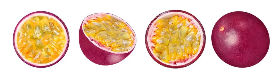 Isolated set fruit. Four passion fruits on white background with clipping path Stock Photos