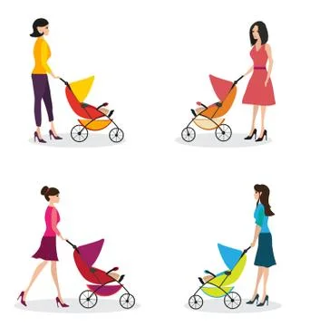 Isolated set of moms with strollers Stock Illustration