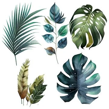 Isolated set vector illustration of foliage exotic green big leaf Stock Illustration