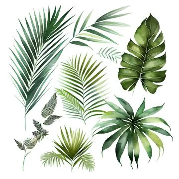 Isolated set vector illustration of foliage exotic green big leaf . Stock Illustration