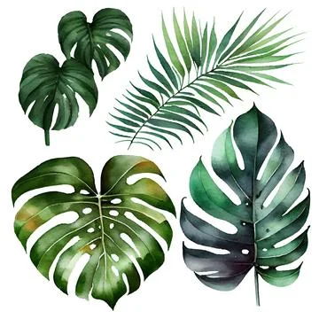 Isolated set vector illustration of foliage exotic green big leaf Stock Illustration