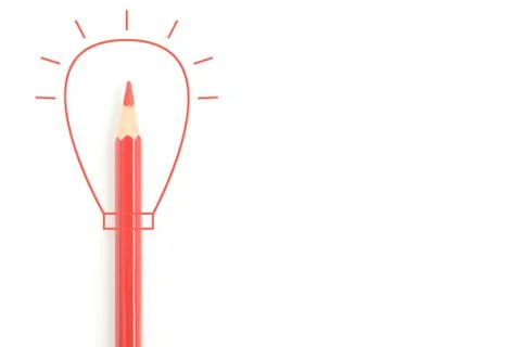 Isolated sharp red colored pencil with red drawing line in light bulb idea sh Stock Photos