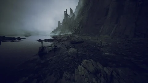 Isolated shoreline featuring weathered rubble and murky reflections 스톡 동영상 331396953