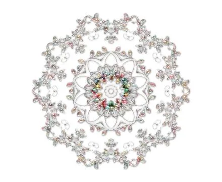 An isolated shot of a mandala pattern consisting of colorful beads on white b Stock Illustration