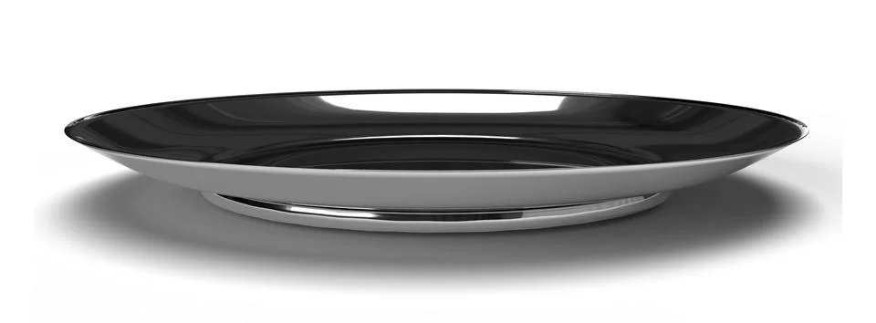 Isolated Side View of Silver Plate, Old Crockery on White Background. Stock Illustration