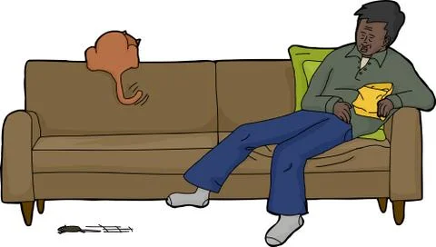 Isolated Sleeping Man with Excited Cat Illustrazione stock