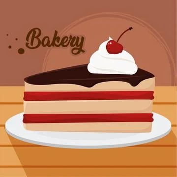 Isolated slice of cake with cherry on top bakery product on table Vector Stockillustratie