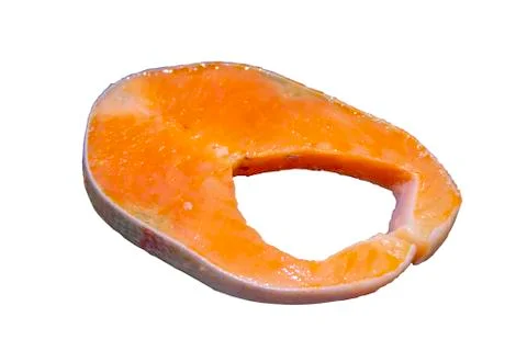 Isolated  Slice of Raw Salmon on a white background with clipping path. Stock Photos