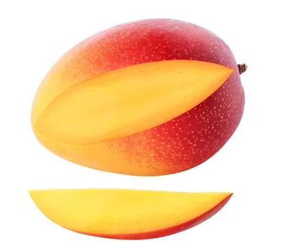 Isolated sliced mango. Cut out mango fruit and slice isolated on white Stock Photos