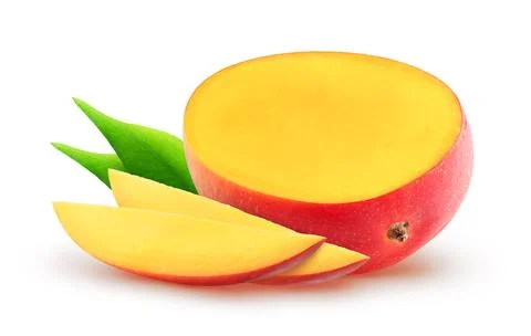 Isolated sliced mango. Half of mango fruit and slices isolated on white Stock Photos