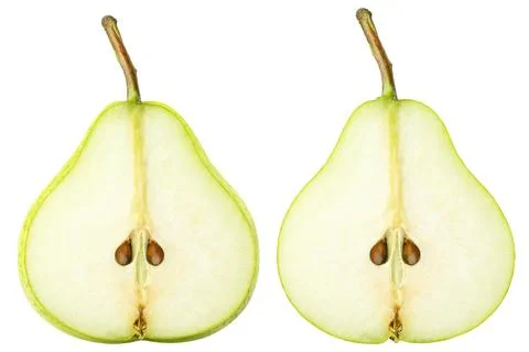 Isolated sliced pears. Two yellow green pear fruits slices isolated on white Stock Photos