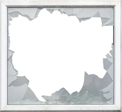 Isolated Smashed Glass In A Window Frame With White Background Stockfoto's