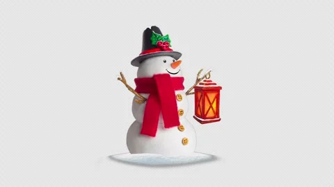 Isolated smiled snowman with glowing lantern Stock Footage 252348686