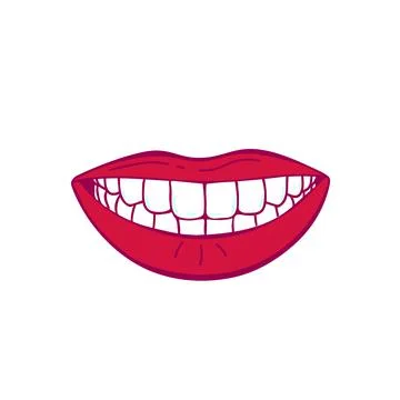 Isolated smiling lips with healthy teeth, Hand drawn line art illustration, V Stock Illustration