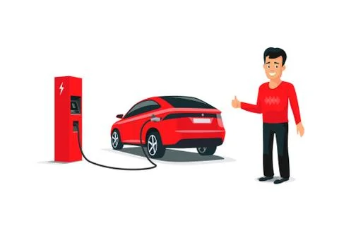 Isolated Smiling Man with Red Electric Car SUV Charging Stock Illustration