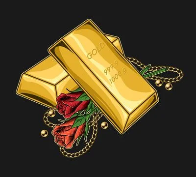 Isolated stack of bars of gold, roses, gold chains. beads. Stock Illustration
