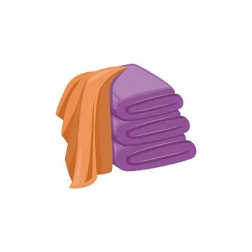 Isolated stack of clean purple towels and brown washing cloth draped over them. Stockillustratie