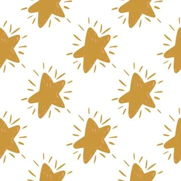 Isolated star silhouettes seamless pattern. Ocher geometric forms on white ba Stock Illustration
