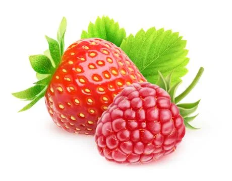 Isolated strawberry and raspberry Stock Photos