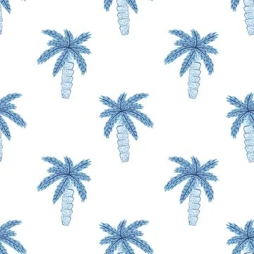Isolated summer seamless pattern with bright blue palm tree silhouettes. Whit Stock Illustration