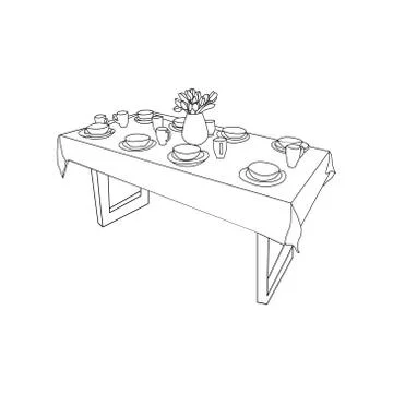 Isolated table and tableware, on the table vase of tulips flowers Illustrazione stock