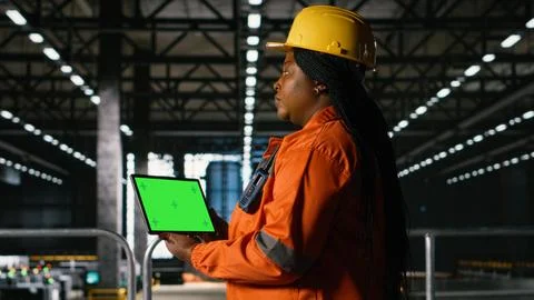 Isolated tablet, chroma key screen, african american engineer, heavy industry Stock Photos