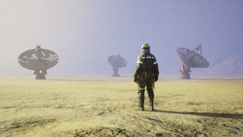 An isolated technician moves across arid terrain toward signal stations Stock Footage 341832017