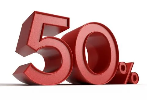 Isolated Three Dimensional Number 50% or Fifty Percent in Red Color. Stock Illustration