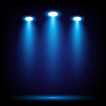 Isolated top down three blue spotlight with shadow on black background Stockillustratie