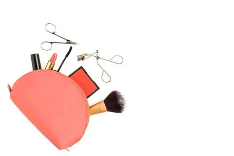 Isolated top view makeup items and bag Stock Photos