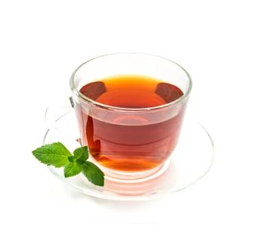 Isolated transparent cup of black tea with mint leaf on white Stock Photos