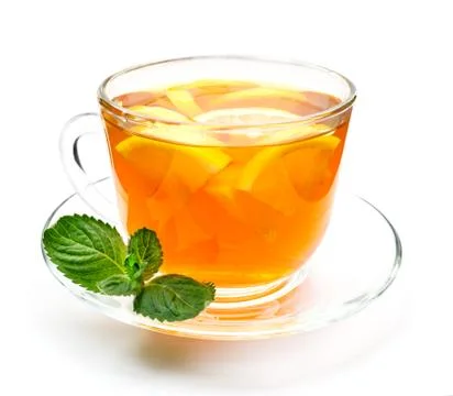 Isolated transparent cup of herbal tea with lemon and mint Stock Photos