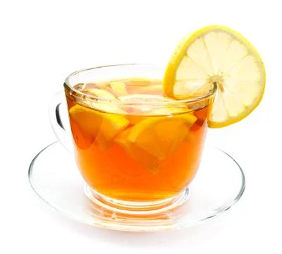 Isolated transparent cup of tea with lemon slice Stock Photos