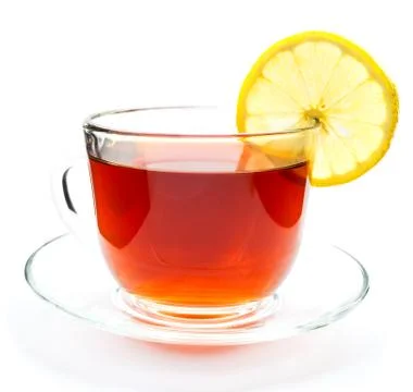 Isolated transparent cup of tea with lemon slice Stock Photos
