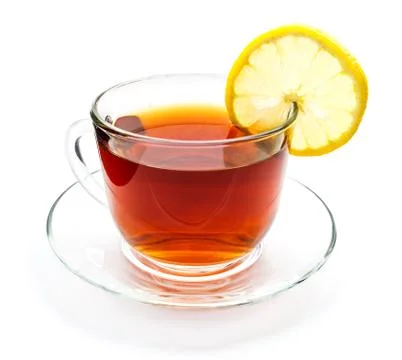 Isolated transparent cup of tea with lemon slice Stock Photos