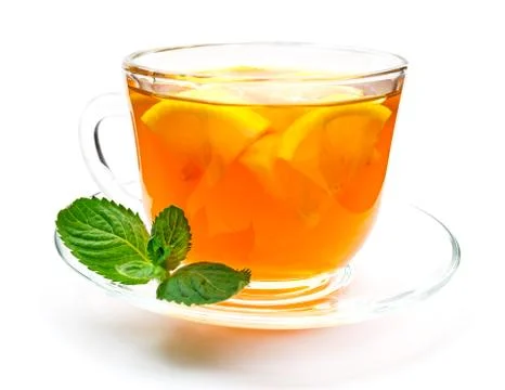 Isolated transparent cup of tea with lemon slice Stock Photos